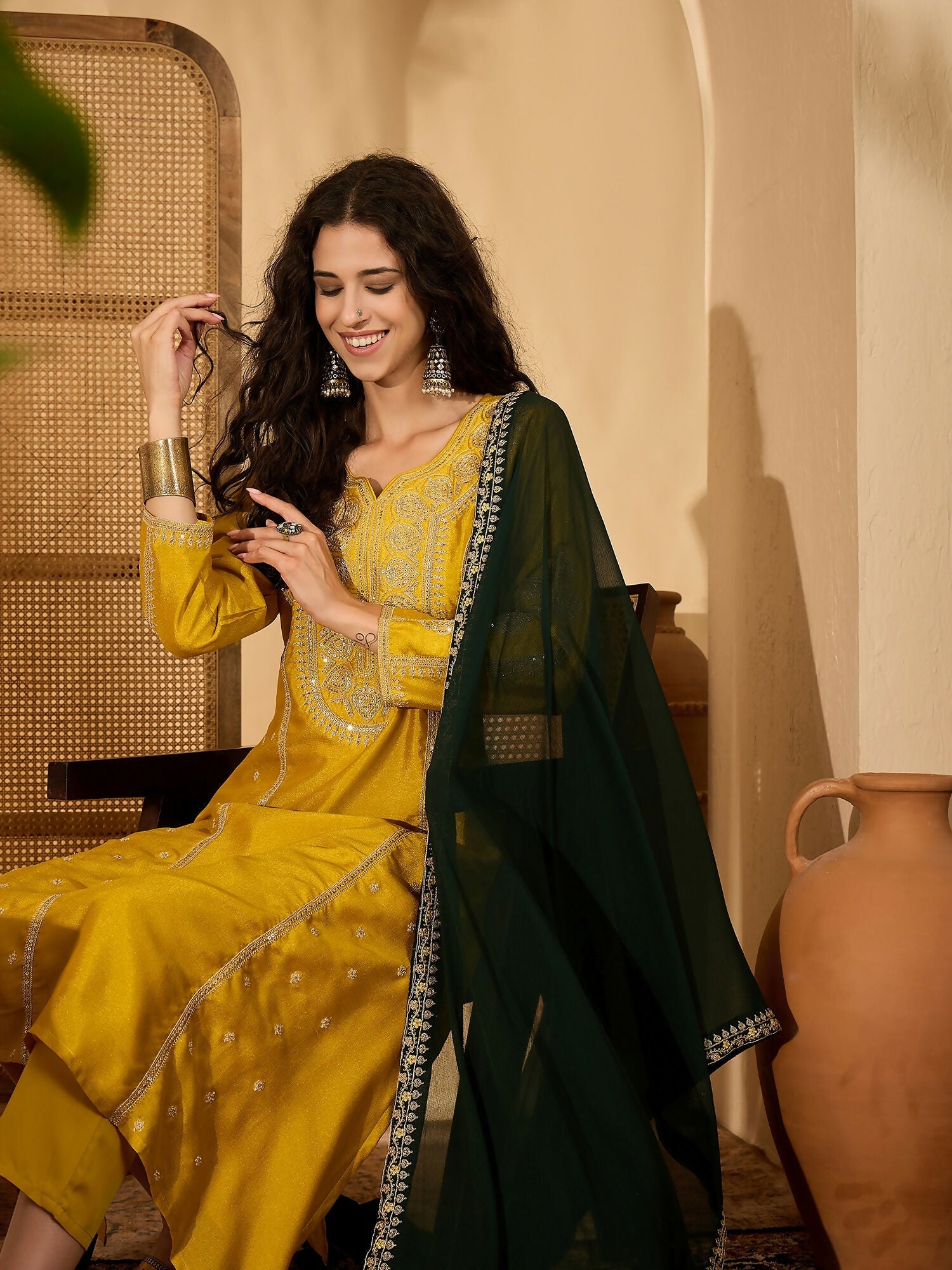 Joban Fashion Embroidery Mustard Vichitra Silk Kurta Set | Grocsy