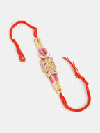 NVR Men Pink & Gold-Toned Kundan-Studded Rakhi With Roli Chawal & Chocolate | Grocsy