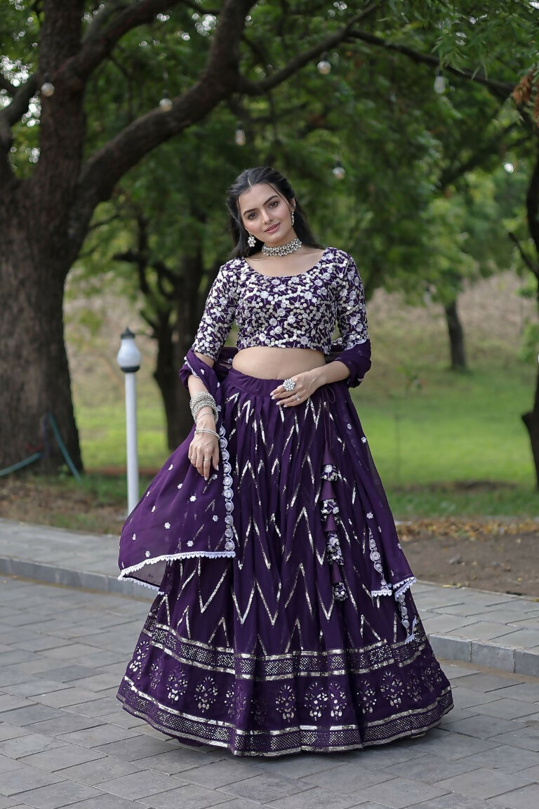 Vastranavya Faux Blooming With Sequins And Thread Embroidered Work Lehenga Choli With Dupatta - Purple | Grocsy