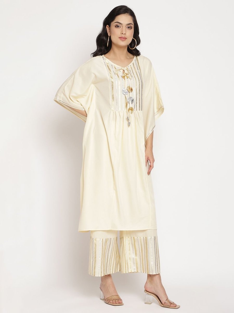 Ahalyaa Women Off White Printed Gotta Patti Kaftan Style Kurta With Palazzos | Grocsy
