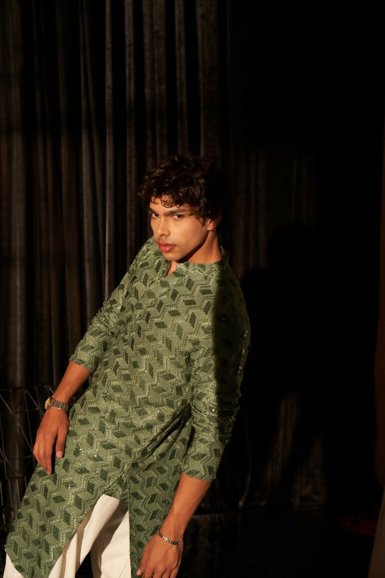 Green viscose Chikankari Embroidery Work Men's Traditional Kurta Set - Mahotsav | Grocsy