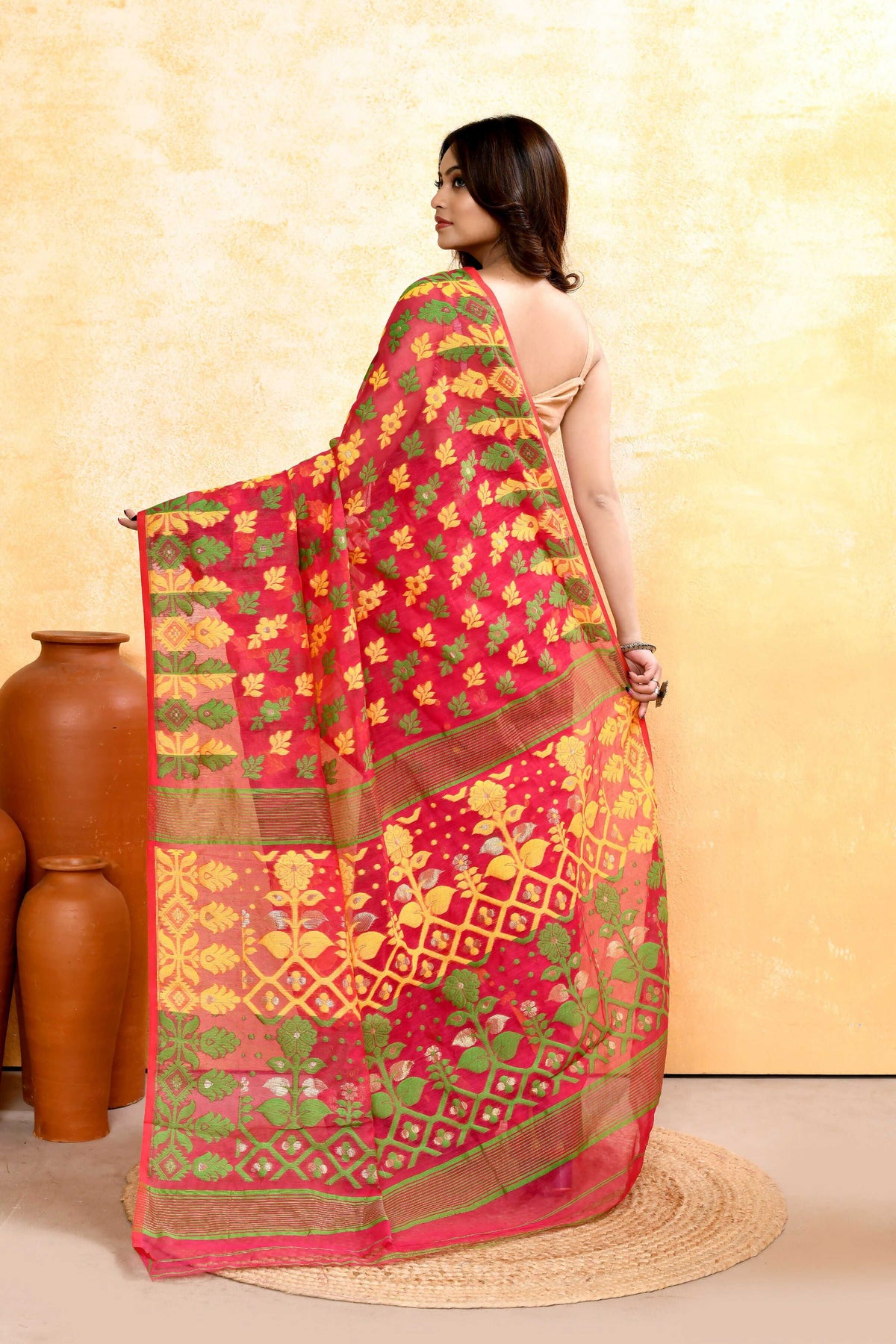 Piyari Fashion Women's Red Embellished Cotton Blend Jamdani Saree | Grocsy