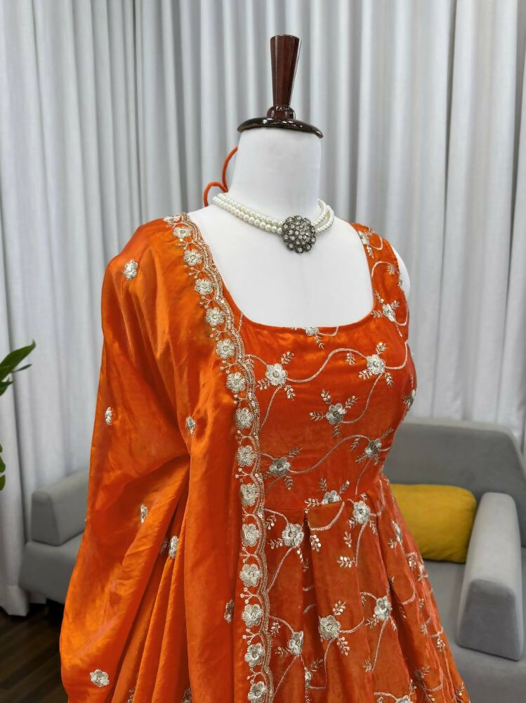 Teeya Creation Orange Color Fendy Silk Heavy Embroidery Work Wedding Wear Long Gown | Grocsy