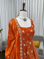 Teeya Creation Orange Color Fendy Silk Heavy Embroidery Work Wedding Wear Long Gown | Grocsy