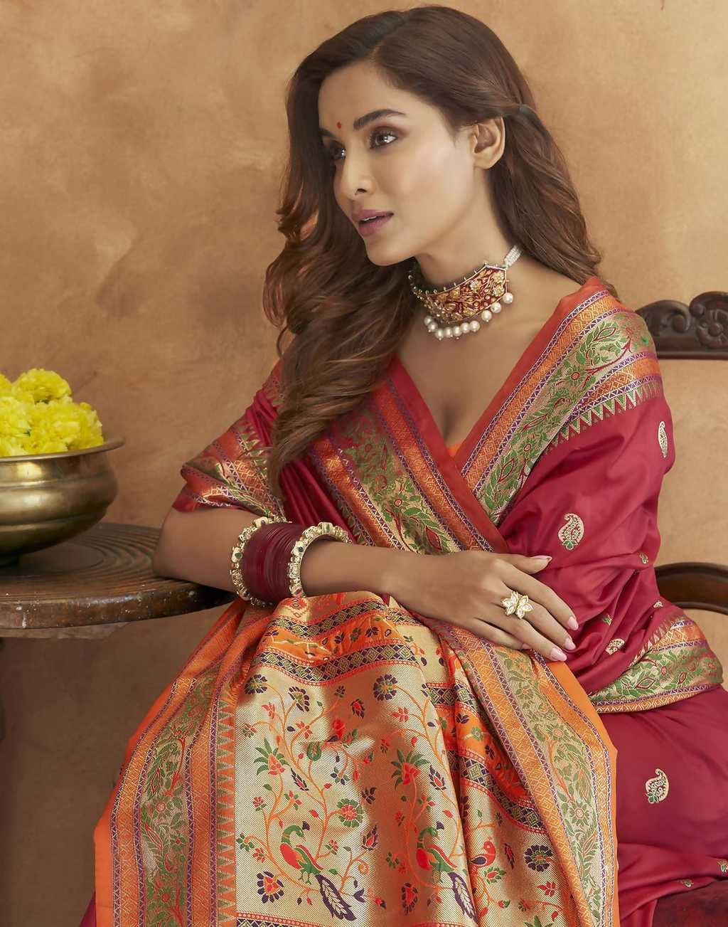 Vastranavya Maroon Soft Paithani Silk Saree With Gold Zari Weaving Motifs With Matching Blouse Fabric | Grocsy