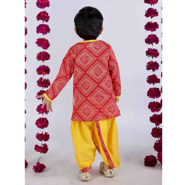 Little Bansi Boys Red and yellow Color Jaipuri Ambi Angrakha Kurta with Dhoti | Grocsy