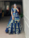 Vastranavya Navaratri Special Rayon with Printed Silk Lehenga with Stitched Choli - Firozi | Grocsy