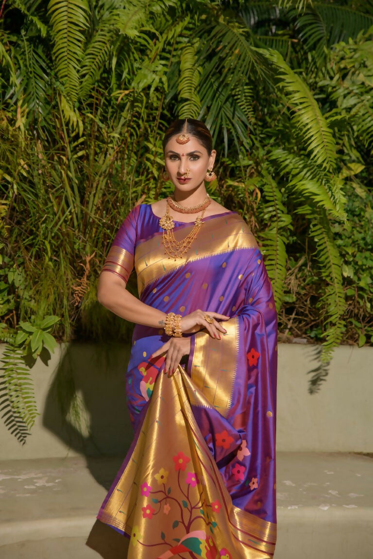 Jyoti Fashion Women's Purple Paithani Silk Zari Woven Saree with Blouse | Grocsy