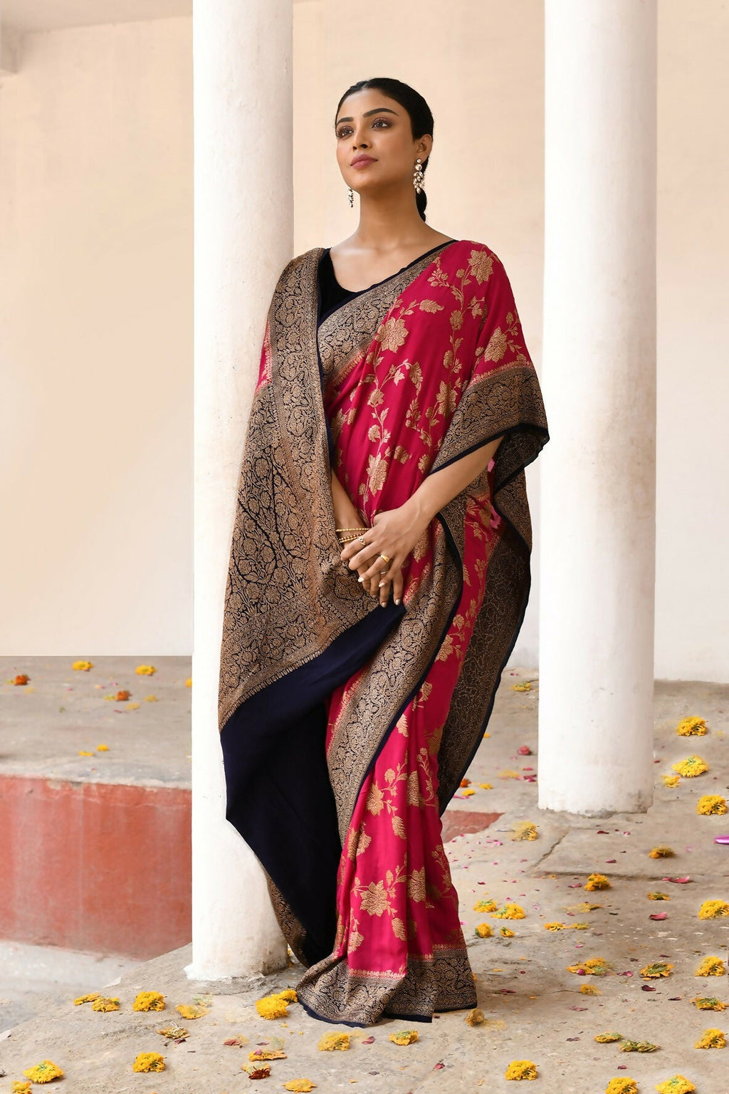 Joban Fashion Fuchsia Crepe Chiffon Pure Handloom Banarasi Silk Saree | Grocsy