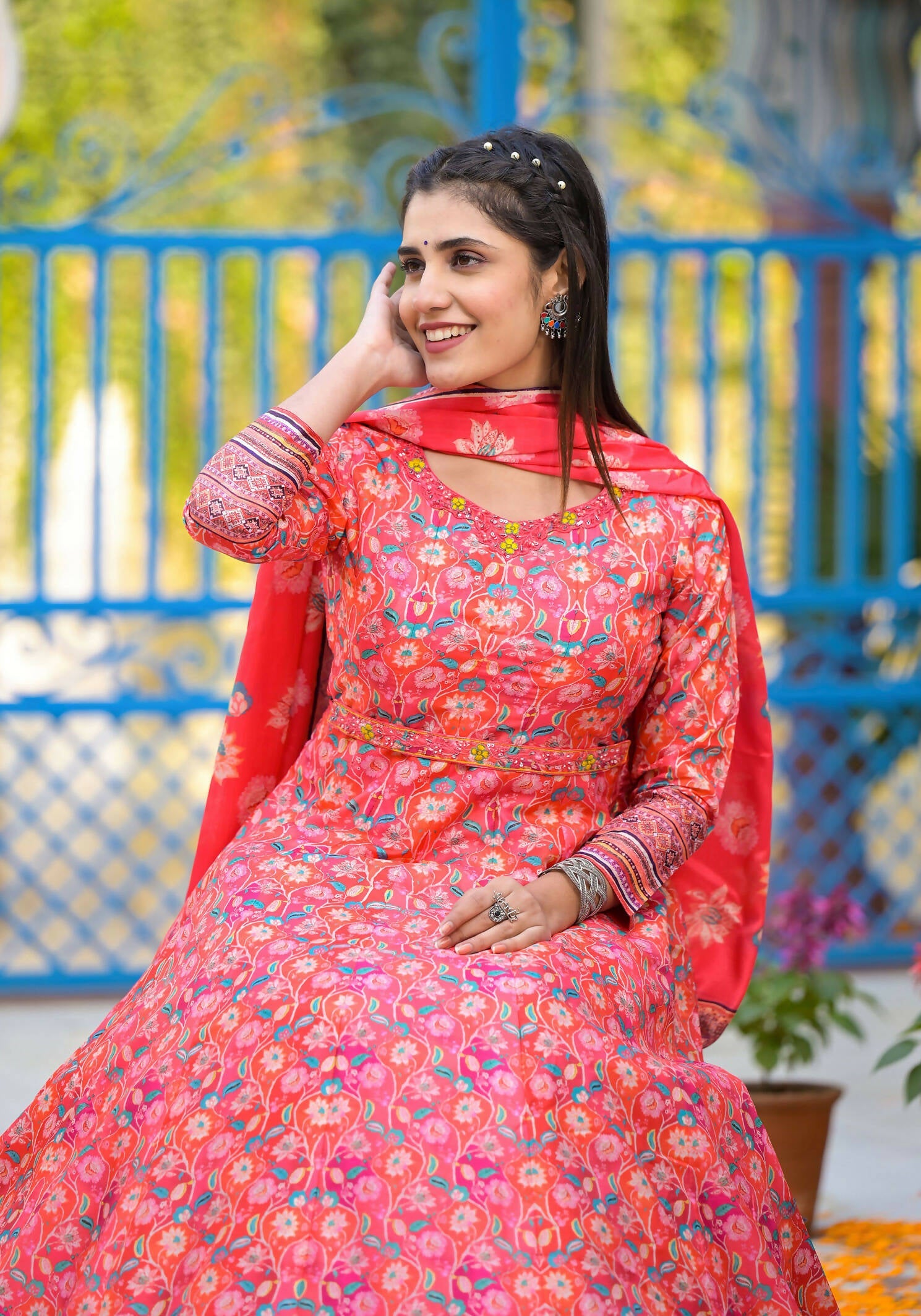 Functional Designer Red-Orange Dola Silk Anarkali suit with Dupatta - Ramya | Grocsy