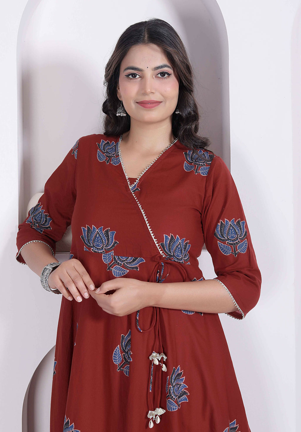 Miravan Womens Rust Floral Printed Pure Cotton Gota Patti Angrakha Kurta | Grocsy