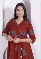 Miravan Womens Rust Floral Printed Pure Cotton Gota Patti Angrakha Kurta | Grocsy