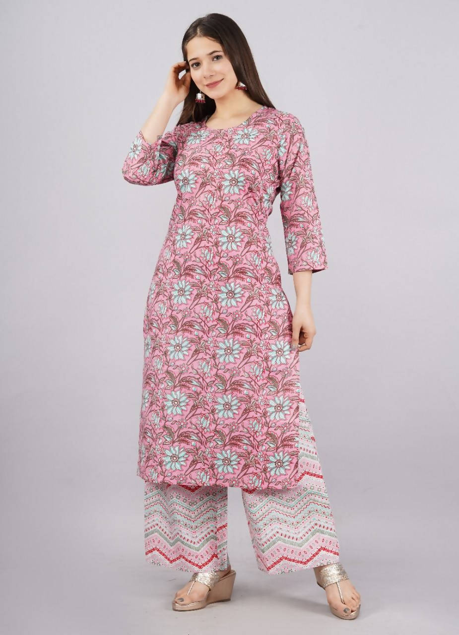 Vamika Printed Cotton Pink Party Wear/Casual Wear Kurta Set/Suit | Grocsy