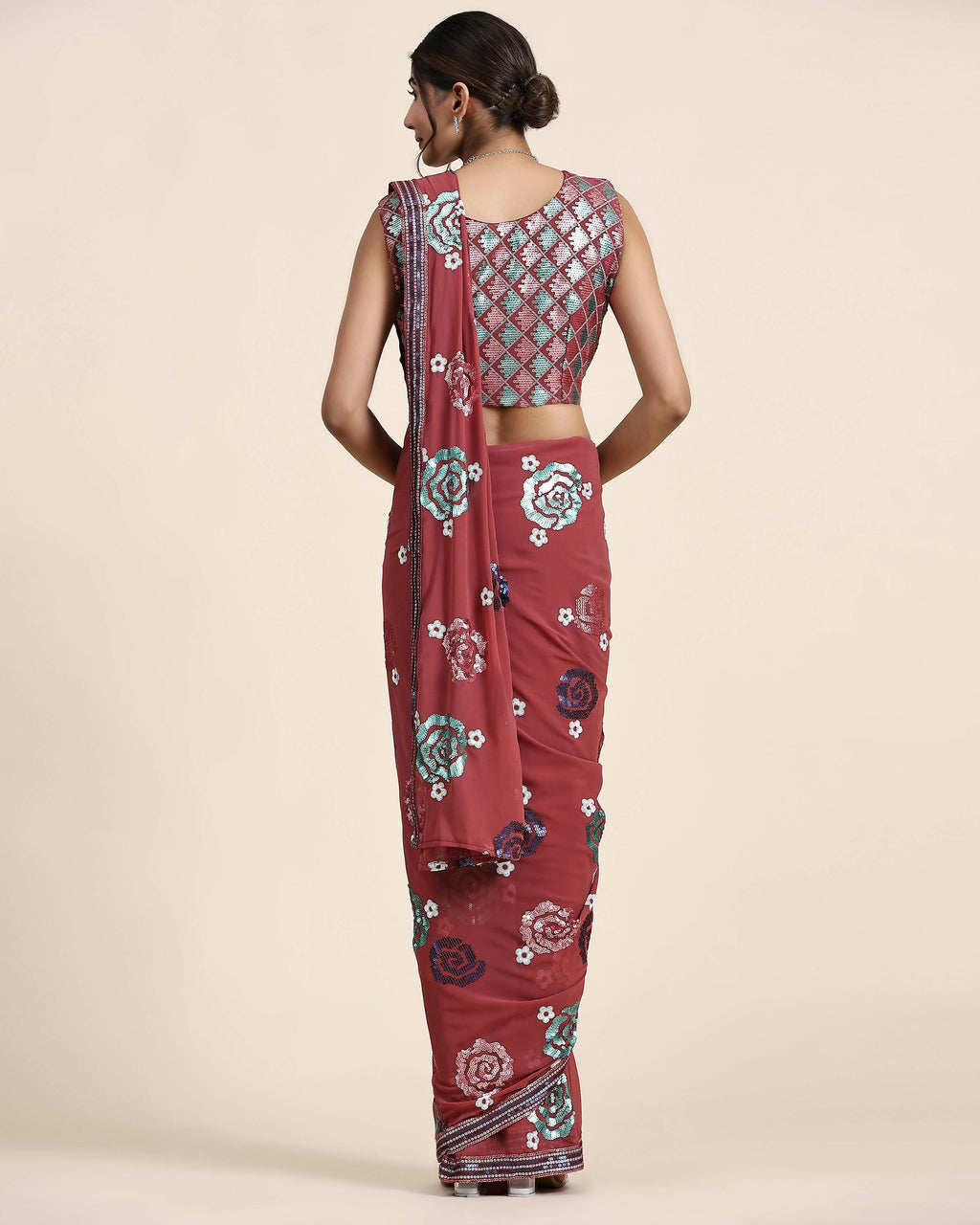 Peach Pure Georgette Sequence work Ready to wear Saree with stitched Blouse - Nirvana | Grocsy