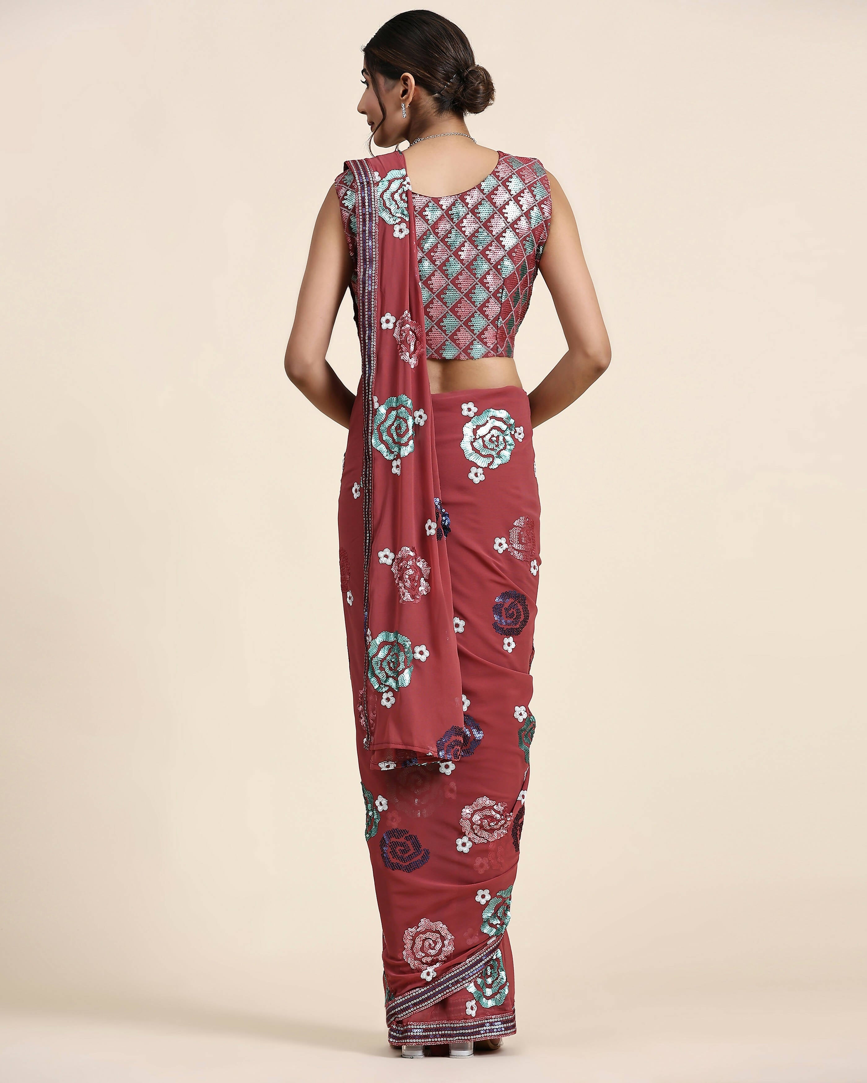 Peach Pure Georgette Sequence work Ready to wear Saree with stitched Blouse - Nirvana | Grocsy