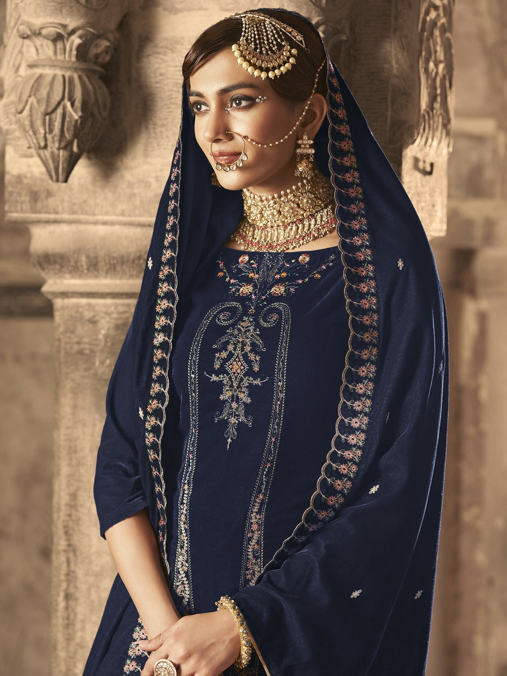 Jyoti Fashion Women's Navy Blue Velvet Floral Resham Thread with Jari work Kurta with Trouser & Dupatta | Grocsy