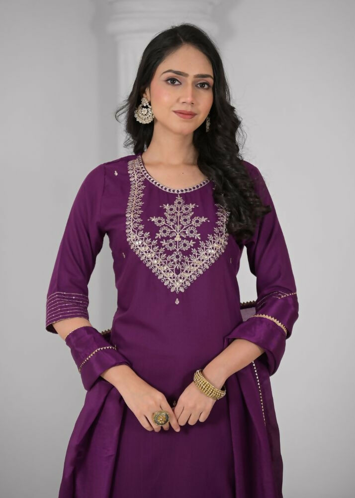 Ethnic Festive Wear Reyon Wine Stitched Suit With Dupatta - Tanisha | Grocsy