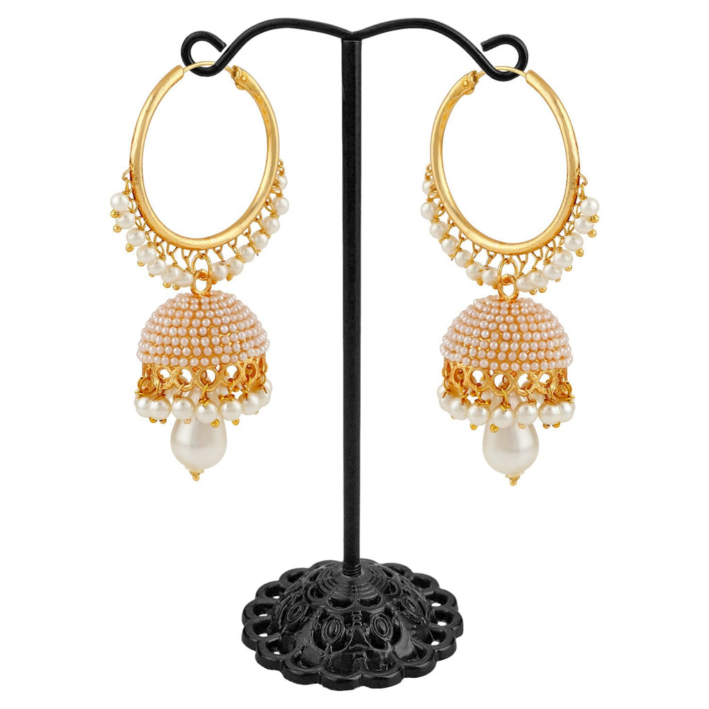 Gold-Polished Alloy Pearl Studded Round Hoop Jhumki Earrings - The Pari | Grocsy
