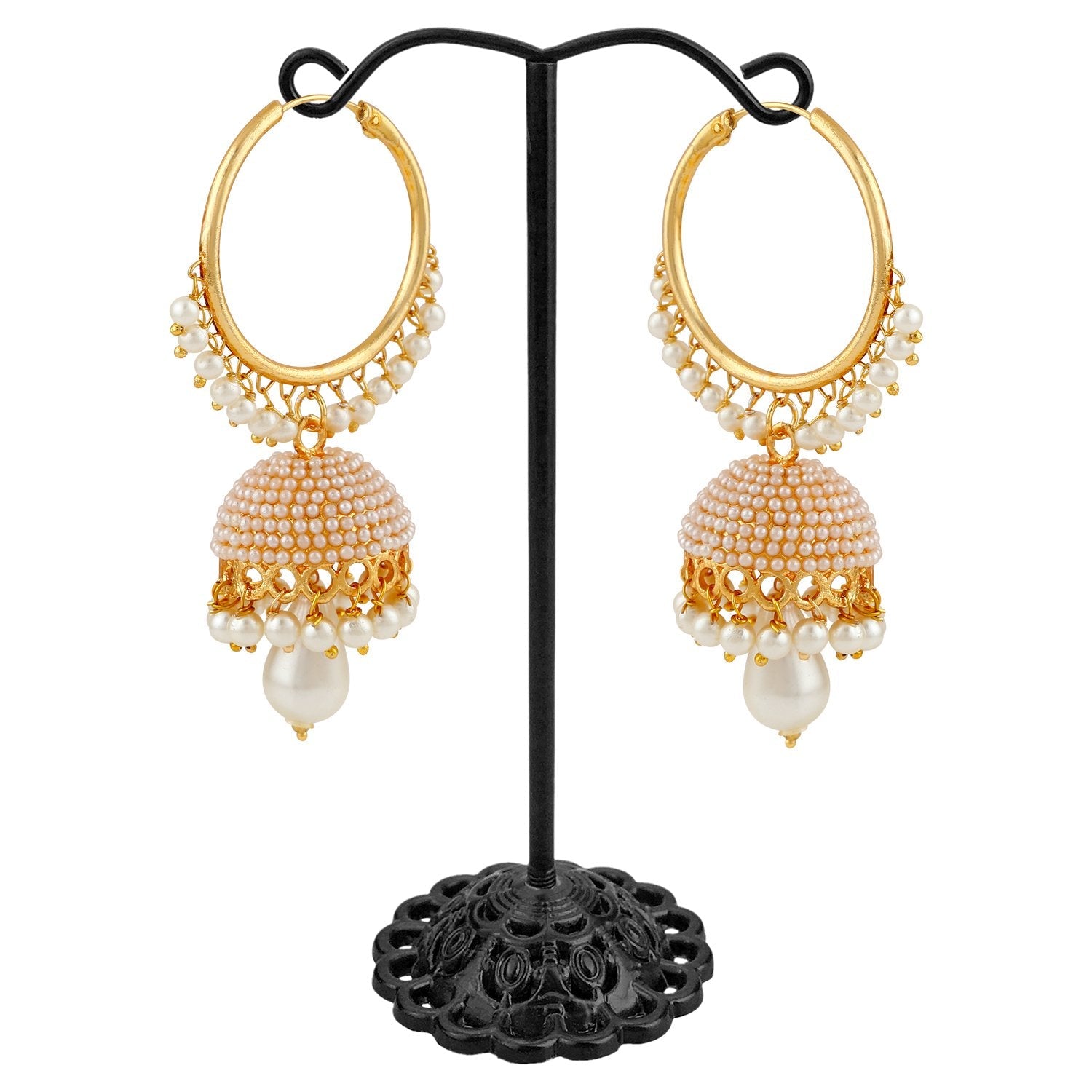Gold-Polished Alloy Pearl Studded Round Hoop Jhumki Earrings - The Pari | Grocsy