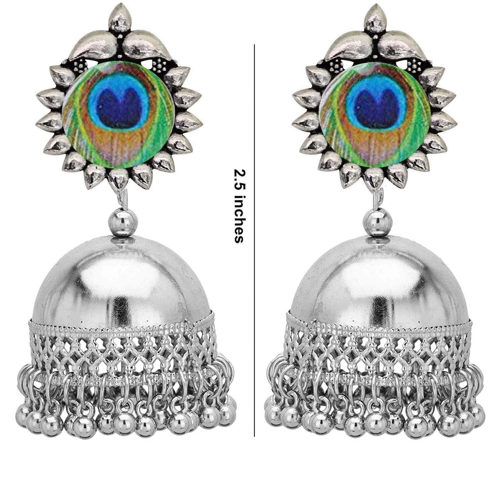 Rhodium-Plated Alloy Peacock Feather Jhumki Earrings - The Pari