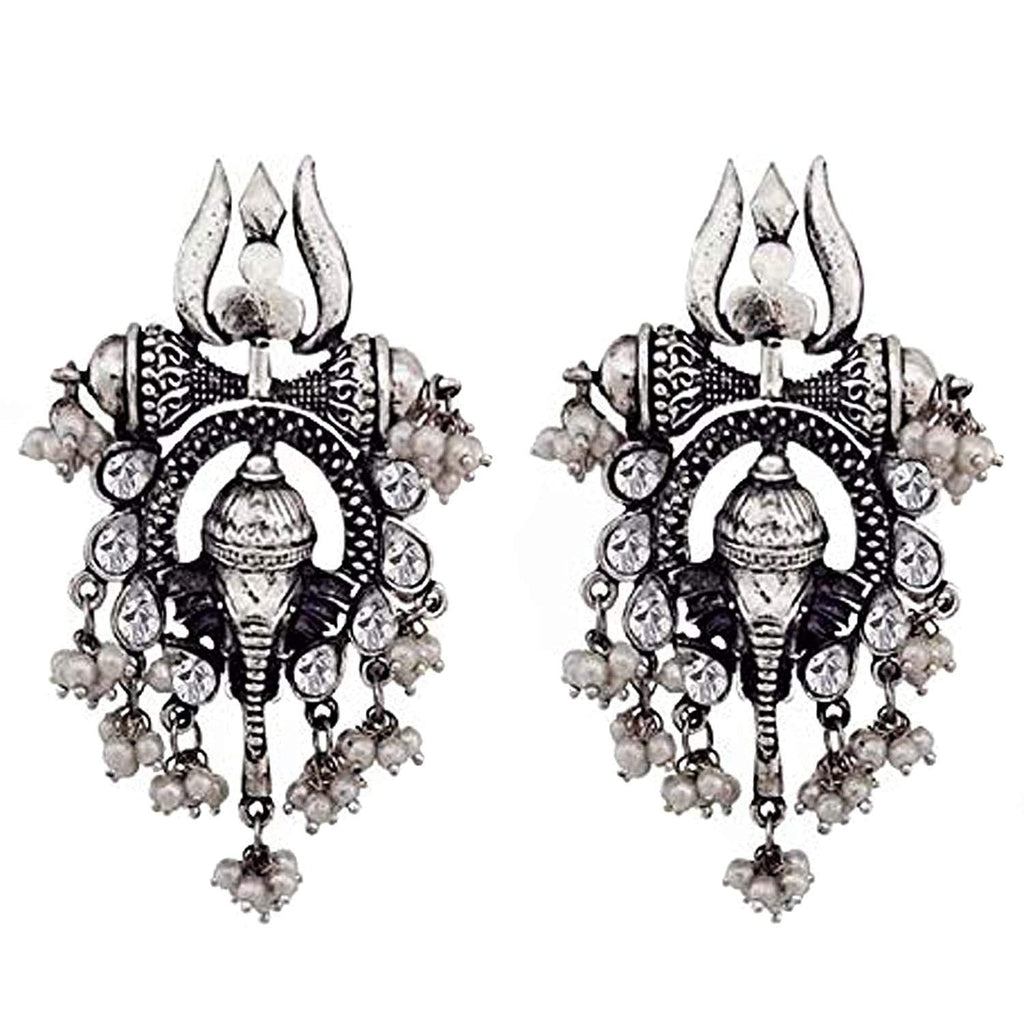 Rhodium-Plated Alloy Ganesh Ji Shaped Silver Earrings - The Pari