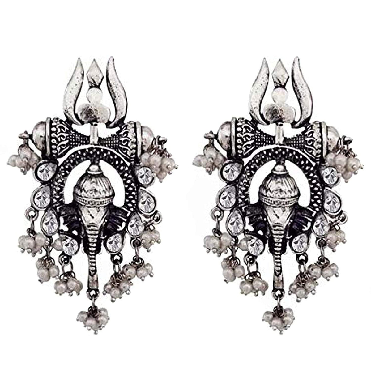 Rhodium-Plated Alloy Ganesh Ji Shaped Silver Earrings - The Pari