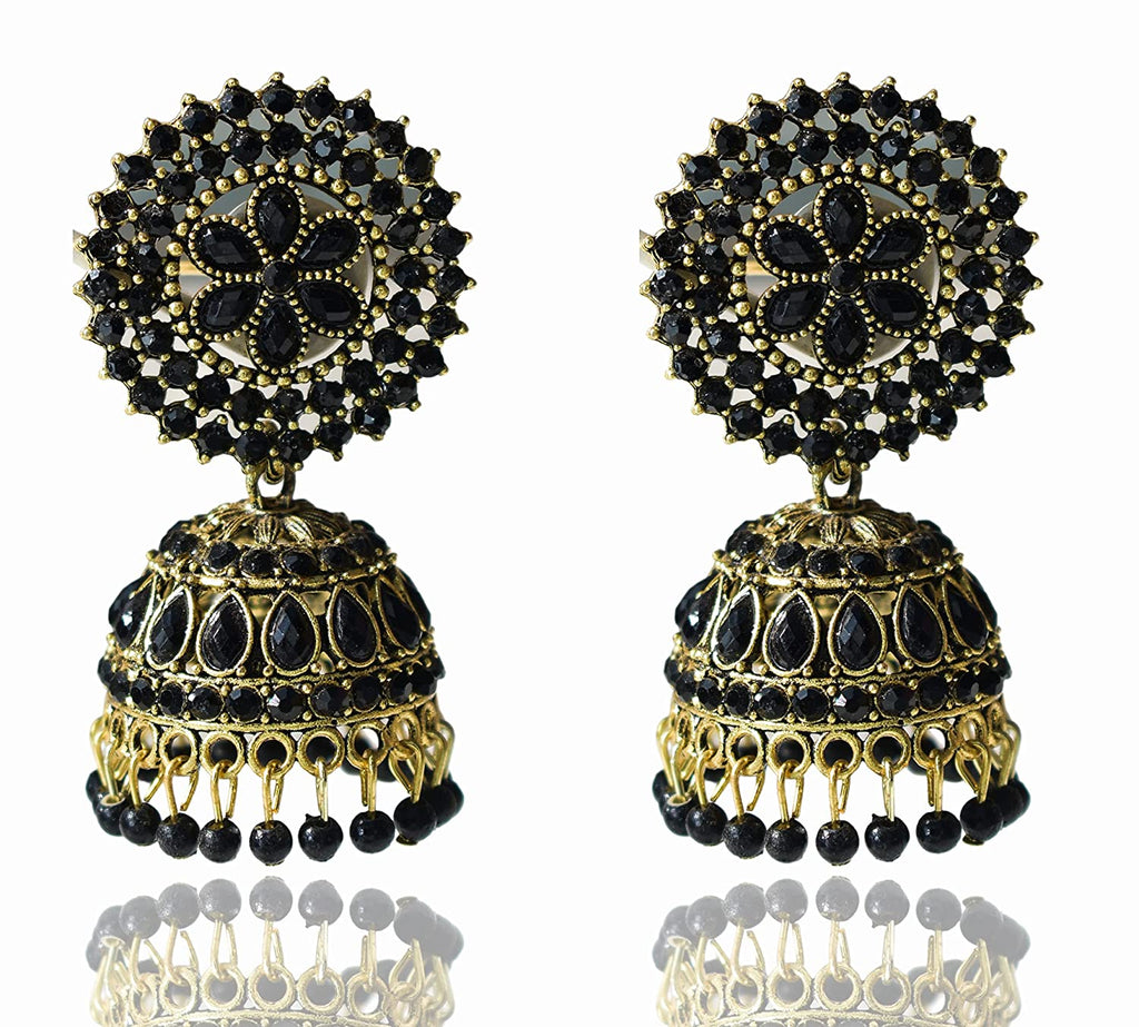 Gold-Polished Alloy Black Rhinestones Studded Jhumki Earrings - The Pari