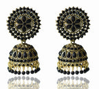 Gold-Polished Alloy Black Rhinestones Studded Jhumki Earrings - The Pari