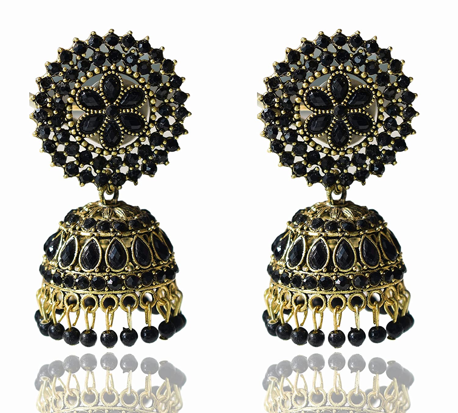 Gold-Polished Alloy Black Rhinestones Studded Jhumki Earrings - The Pari