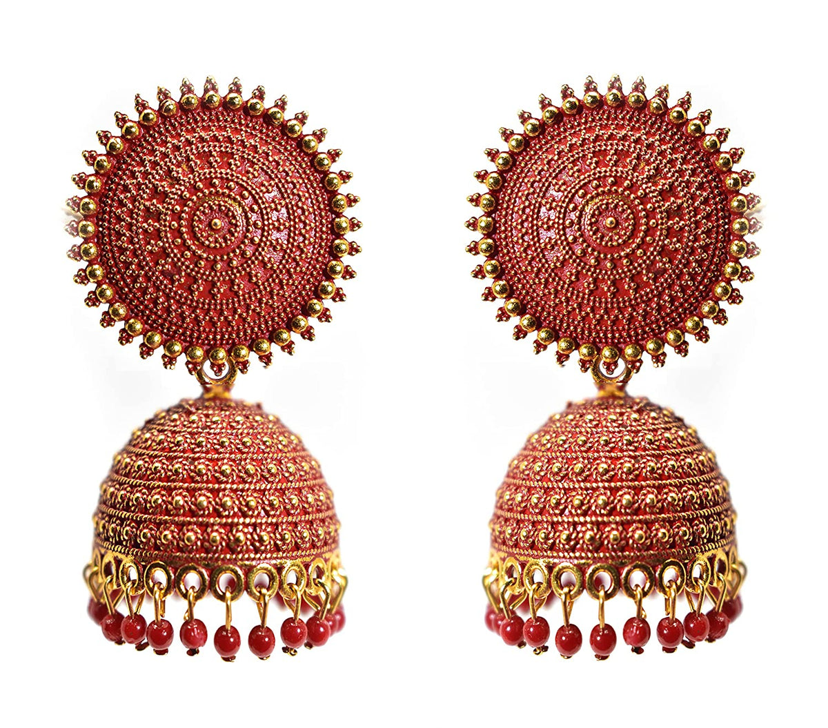 Gold-Polished Alloy Red Sun Shaped Jhumka Earrings - The Pari