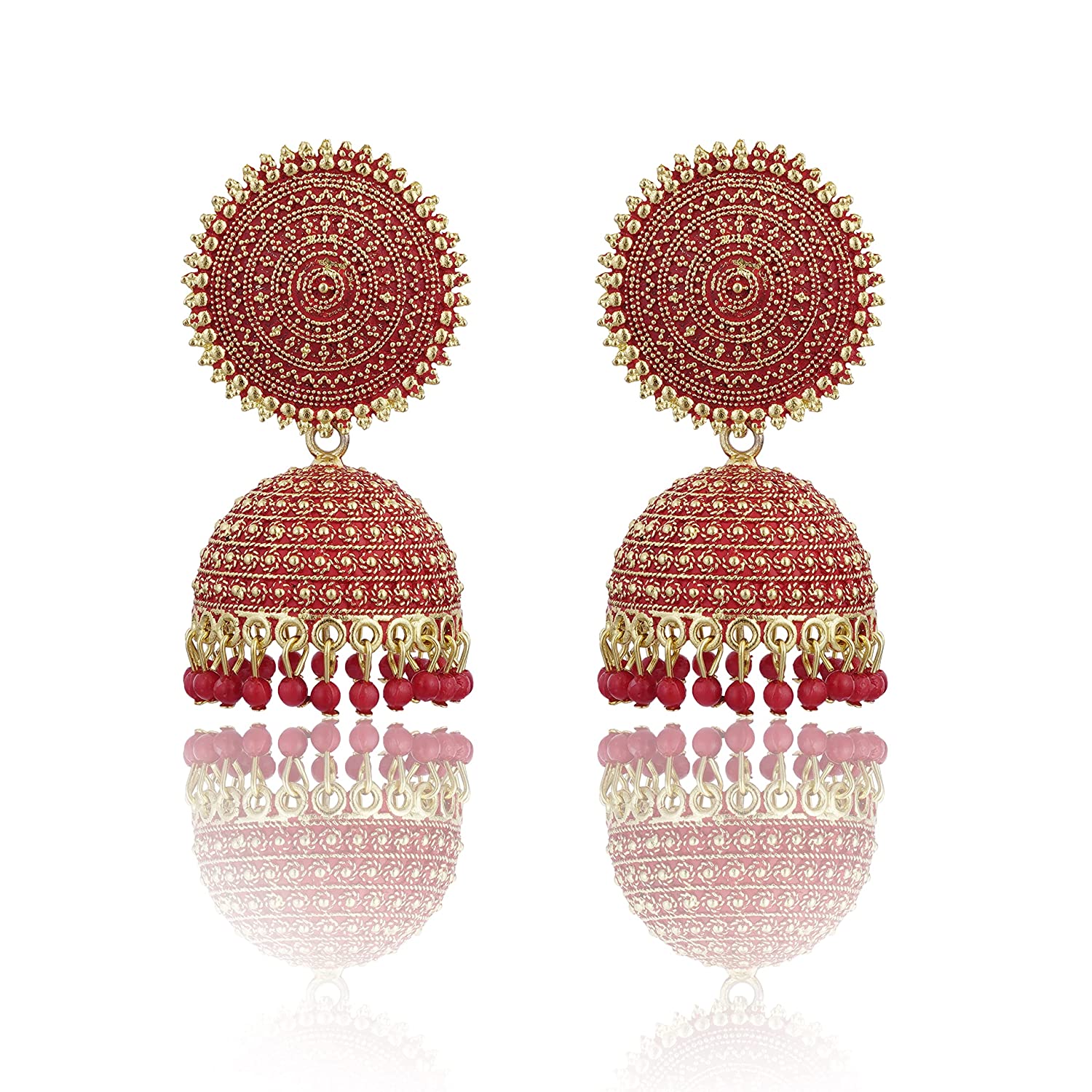 Gold-Polished Alloy Red Sun Shaped Jhumka Earrings - The Pari
