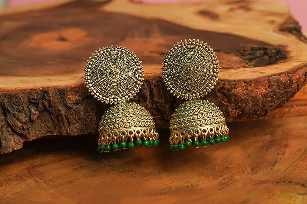 Gold-Polished Alloy Green Sun Shaped Jhumka Earrings - The Pari