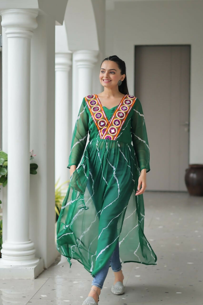 Vastranavya Green Navratri Special Kutchi Patch Work with Leheriya Printed Kurti | Grocsy