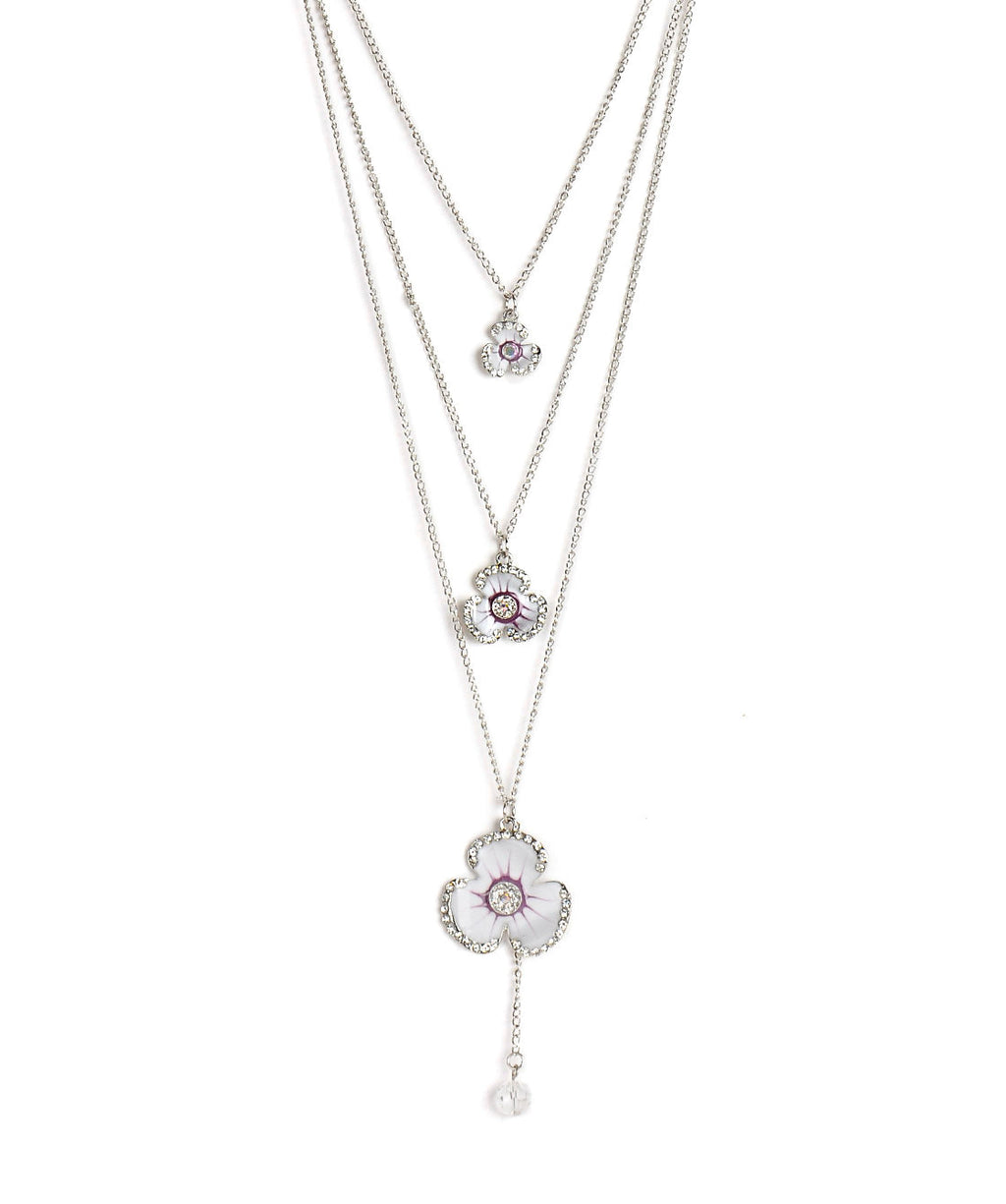 Silver-Plated Alloy Long Three Chain Flower Necklace - The Pari | Grocsy