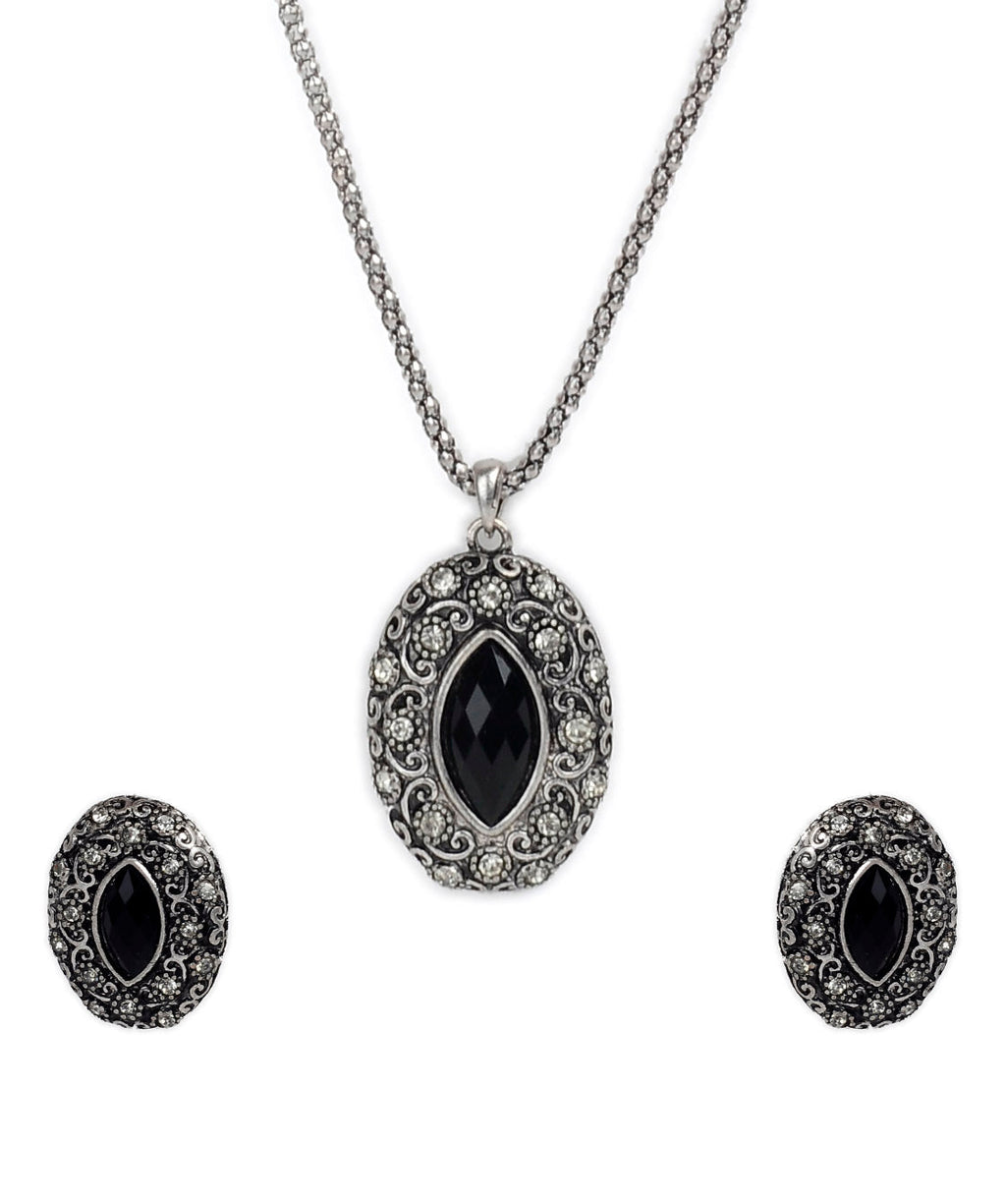 Silver-Plated Alloy Black Stone Pendant Necklace - The Pari | Grocsy