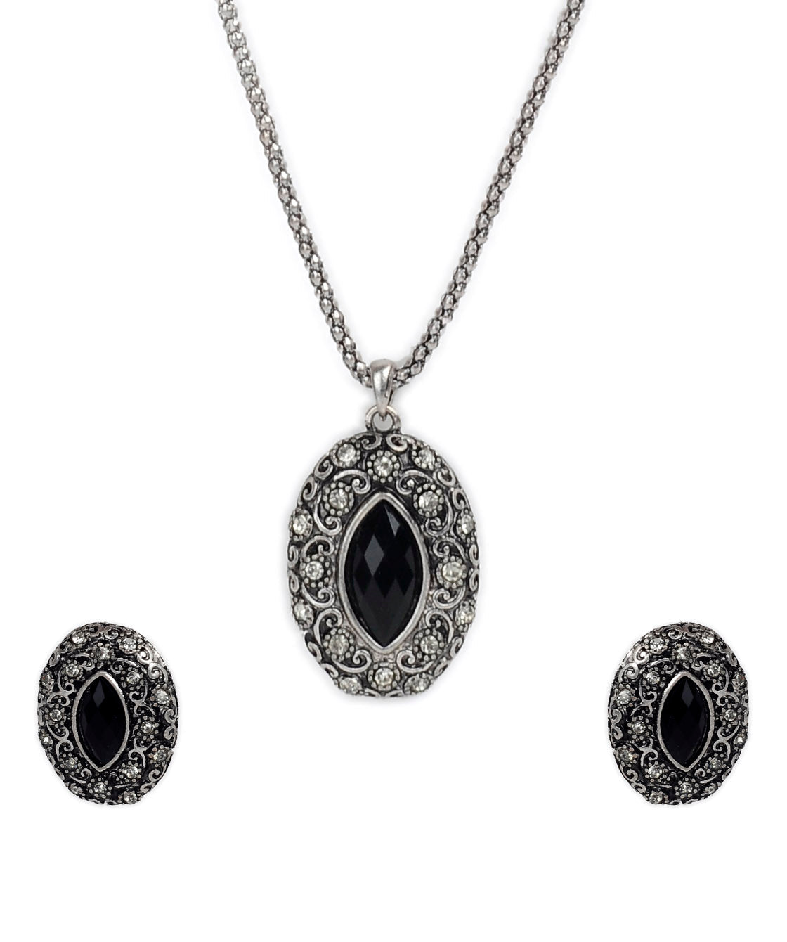 Silver-Plated Alloy Black Stone Pendant Necklace - The Pari | Grocsy