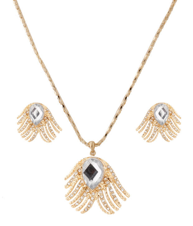 Gold-Polished Alloy Golden Stones Studded Pendant Necklace - The Pari | Grocsy