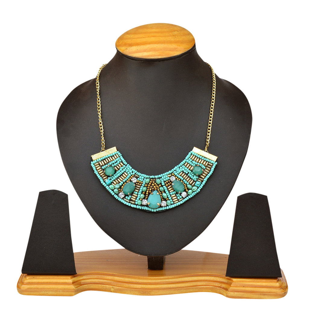 Gold-Polished Alloy Handcrafted Green Beaded Short Necklace - The Pari | Grocsy