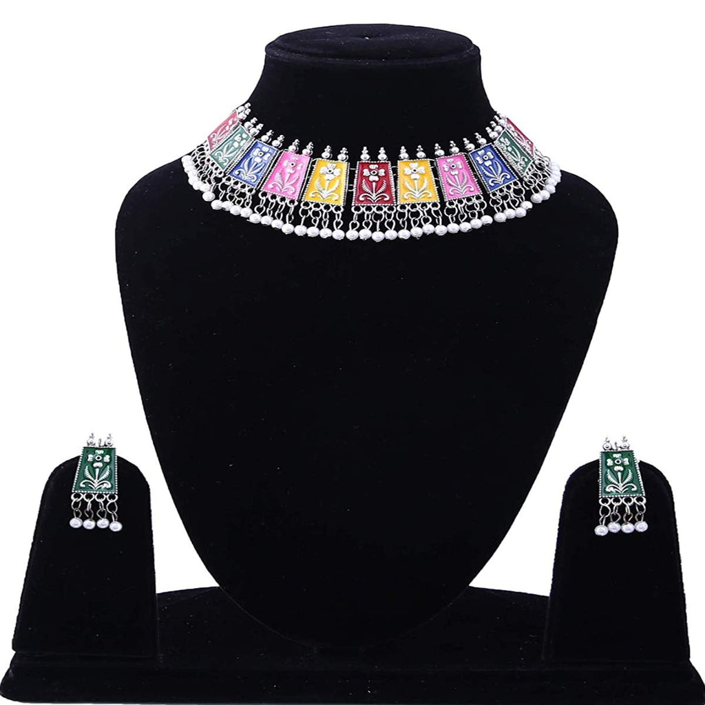 Rhodium-Plated Alloy Eanamel Coated Multicolour Choker Necklace - The Pari | Grocsy