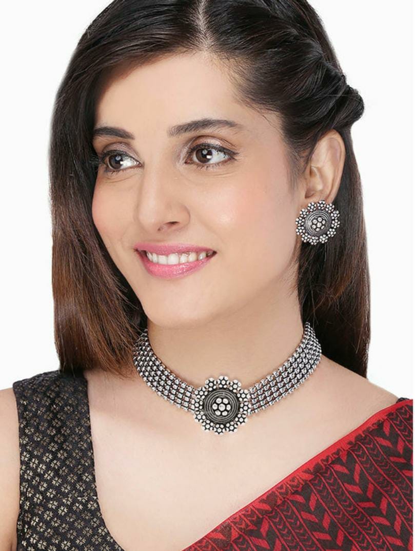 Rhodium-Plated Alloy Silver Beaded Choker Necklace - The Pari | Grocsy