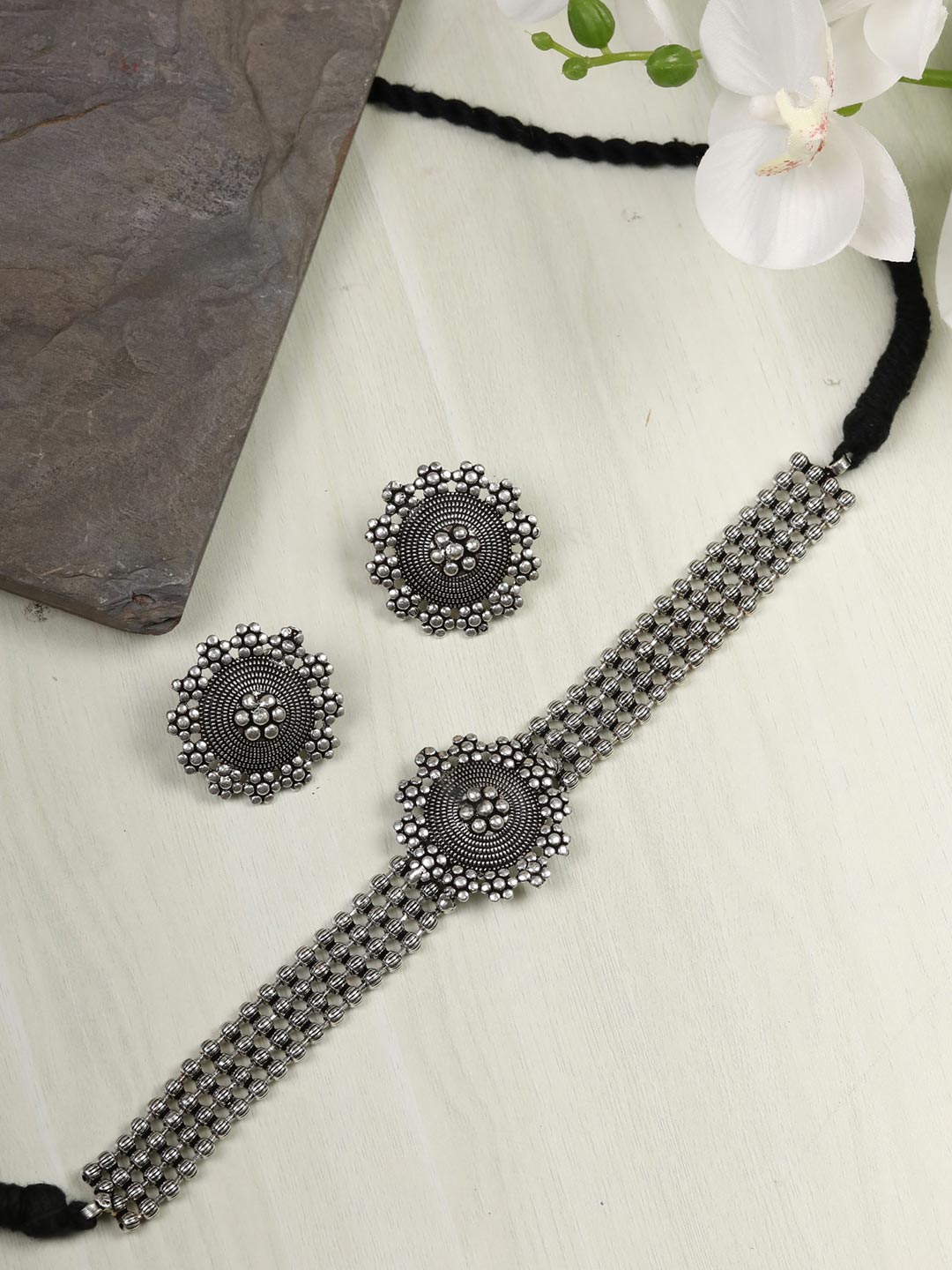Rhodium-Plated Alloy Silver Beaded Choker Necklace - The Pari | Grocsy