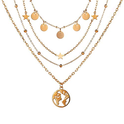 Gold-Polished Alloy Tripple Layer Earth Charm Necklace - The Pari | Grocsy