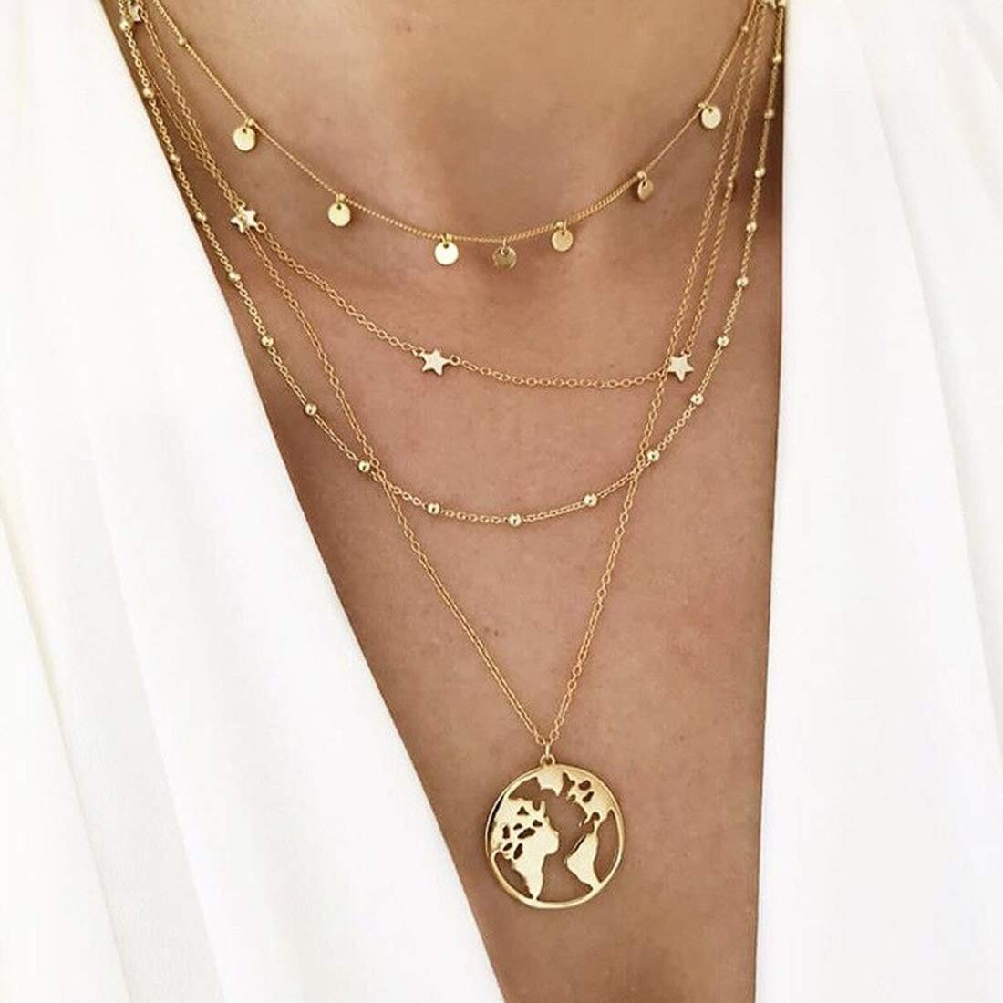 Gold-Polished Alloy Tripple Layer Earth Charm Necklace - The Pari | Grocsy