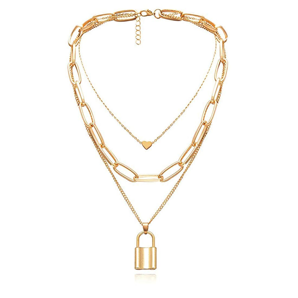 Gold-Polished Alloy Lock & Heart Multiple Chain Necklace - The Pari | Grocsy