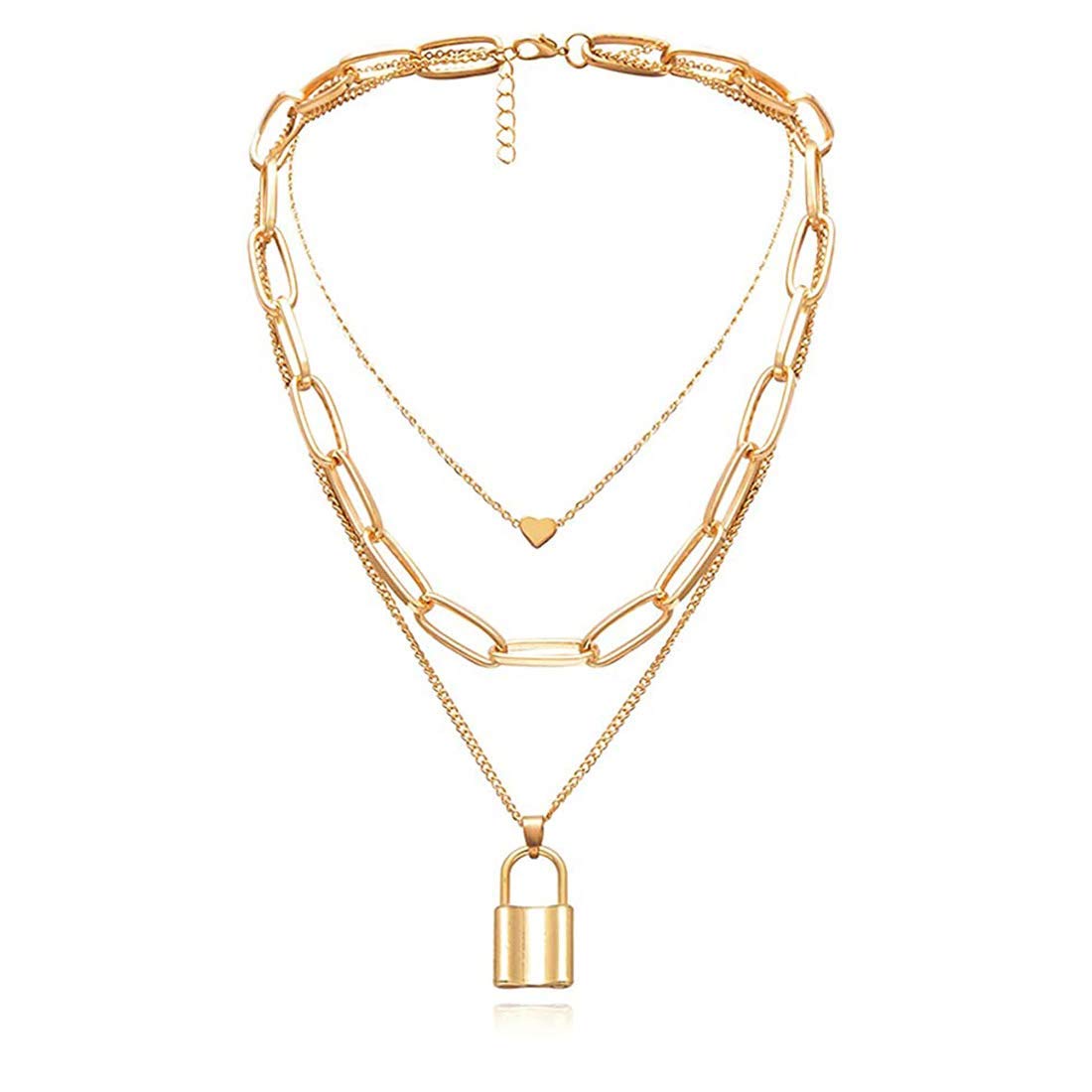 Gold-Polished Alloy Lock & Heart Multiple Chain Necklace - The Pari | Grocsy