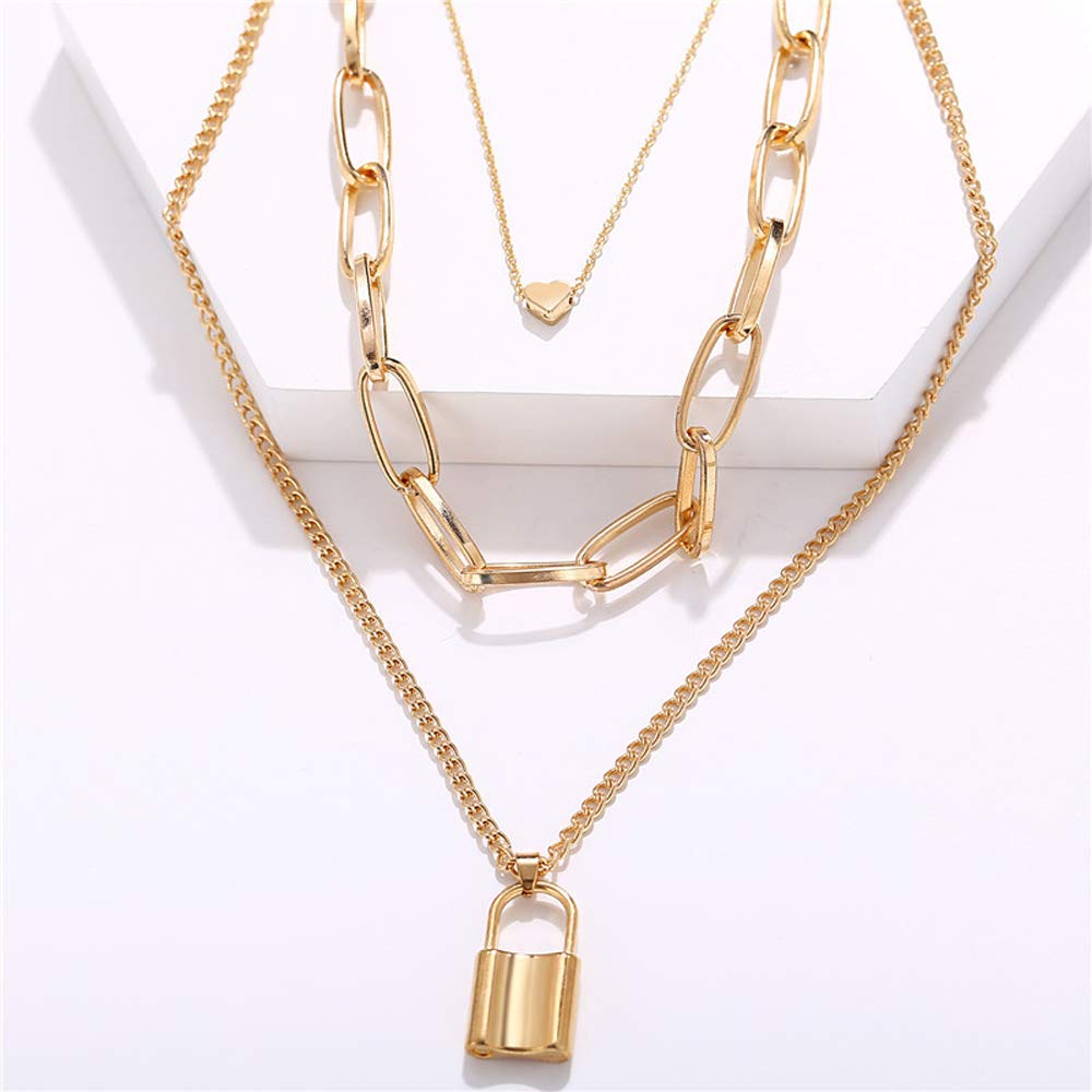 Gold-Polished Alloy Lock & Heart Multiple Chain Necklace - The Pari | Grocsy