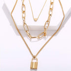Gold-Polished Alloy Lock & Heart Multiple Chain Necklace - The Pari | Grocsy