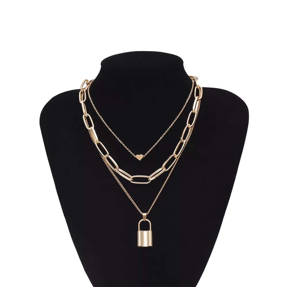 Gold-Polished Alloy Lock & Heart Multiple Chain Necklace - The Pari | Grocsy