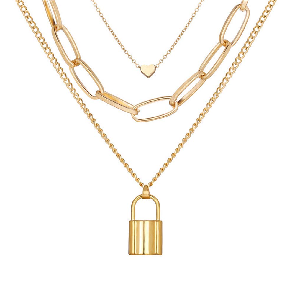 Gold-Polished Alloy Lock & Heart Multiple Chain Necklace - The Pari | Grocsy