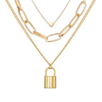 Gold-Polished Alloy Lock & Heart Multiple Chain Necklace - The Pari | Grocsy